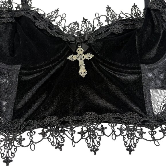 Widow - Dolls Kill Black Lace & Velvet Goth Emo Bralette with Cross Size Small - Picture 2 of 8